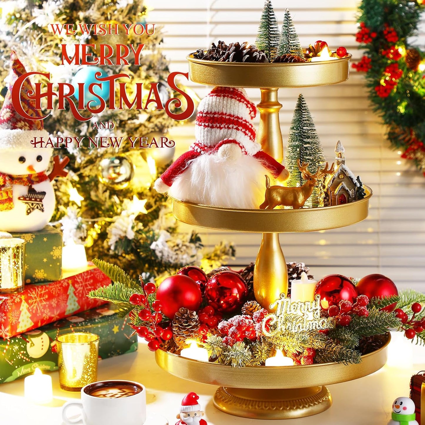 Maxdot 2 Pcs 3 Tier Cupcake Stand Holder, Round Cupcake Stand Serving Tray, Metal Tiered Tray Pastry Dessert Cake Tower Display Stand for Baby Shower Tea Party, Wedding and Birthday (Gold)