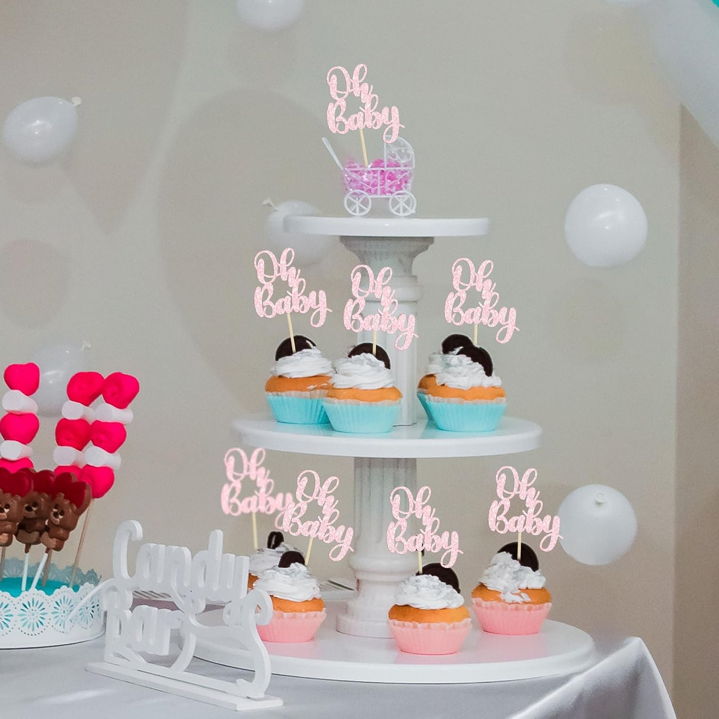 Gyufise 36Pcs Oh Baby Cupcake Toppers Glitter Baby Shower Cupcake Picks for Gender Reveal Baby Shower Kids Boys Girls Birthday Party Cake Decorations Supplies Light Pink