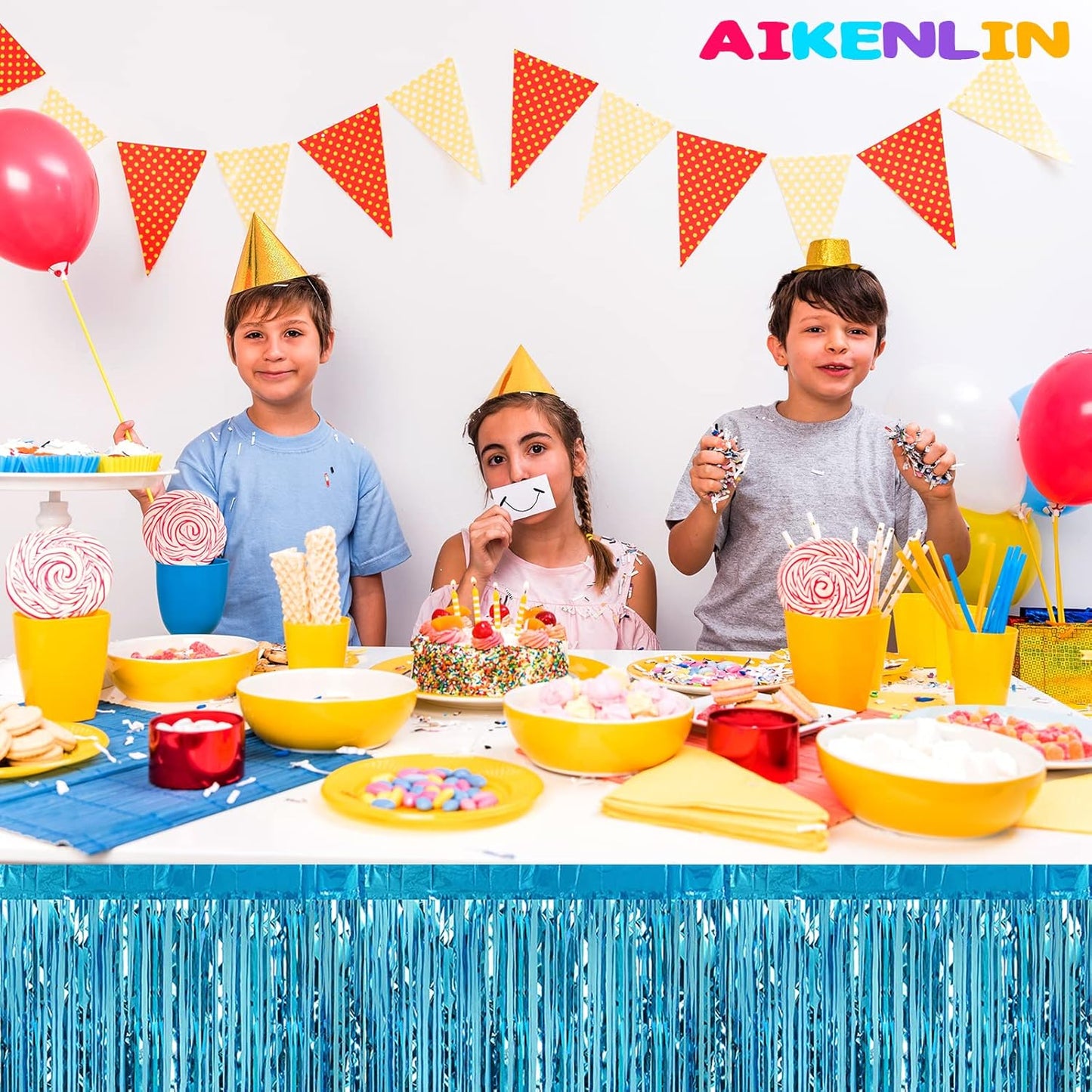 6 Pack 29x108 Inch Metallic Foil Fringe Tinsel Table Skirts Banner for Rectangle Tables Streamer Garland Curtains Backdrop for Wedding, Birthday, Parade Floats, Christmas Party Decoration(Lake Blue)