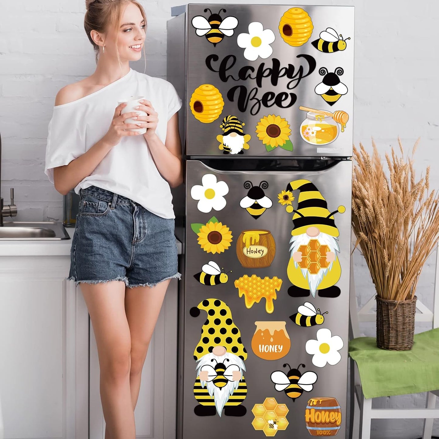 Xuhal 25 Pcs Bee Decor Refrigerator Magnets Happy Bee Gnome Sunflower Magnetic Stickers Car Magnets Fridge Garage Decor Party Supplies for Cars Office Whiteboard Mailbox
