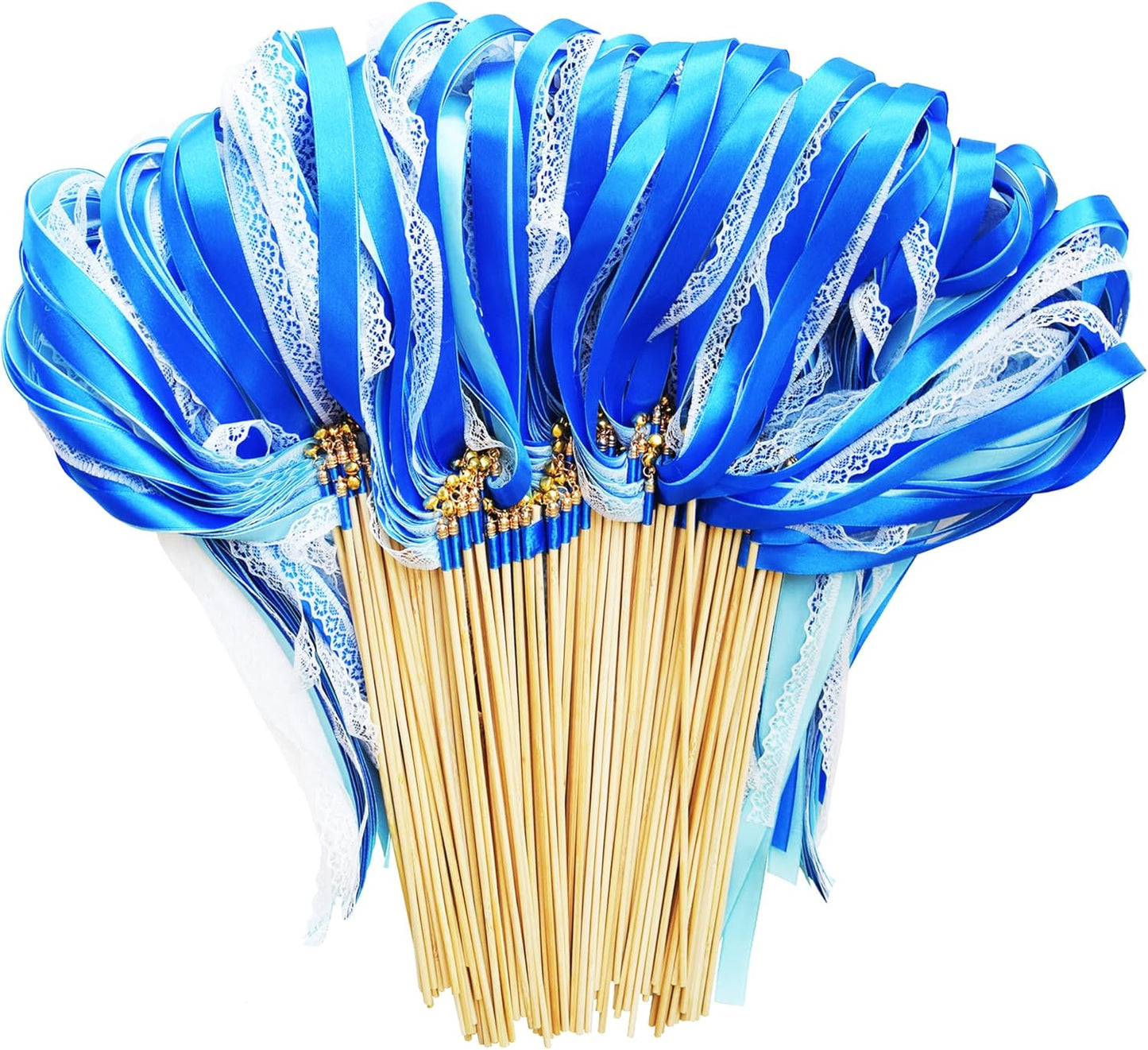 100 Pack Blue Lace Wedding Ribbon Wands Streamers with Bells Silk Fairy Wands Sticks Wedding Exit Ribbon for Party Activities Bridal Shower Send Off Holiday Celebration