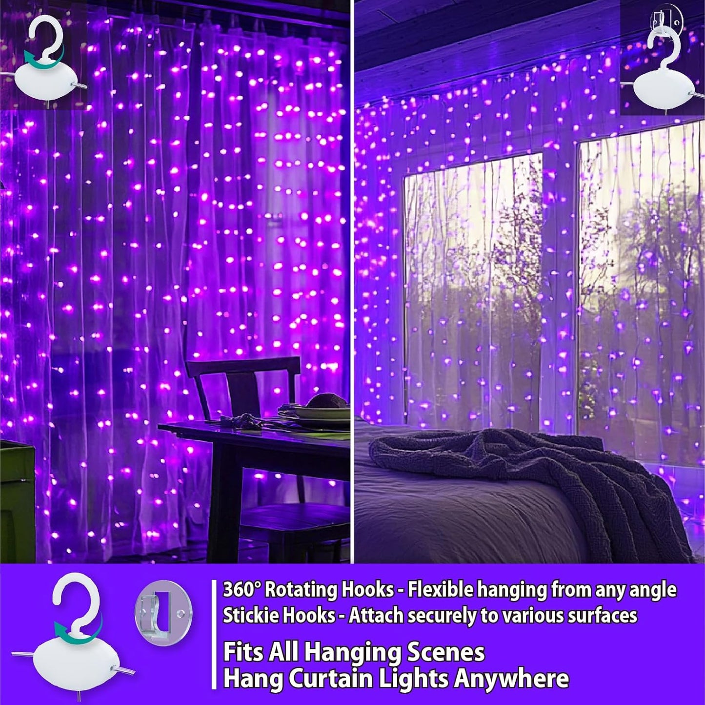 HXWEIYE 300LED Fairy Curtain Lights, 9.8x9.8Ft USB Plug-in 8 Modes Christmas String Hanging Lights with Remote for Bedroom Backdrop Wedding Party Indoor Wall Decor, Purple