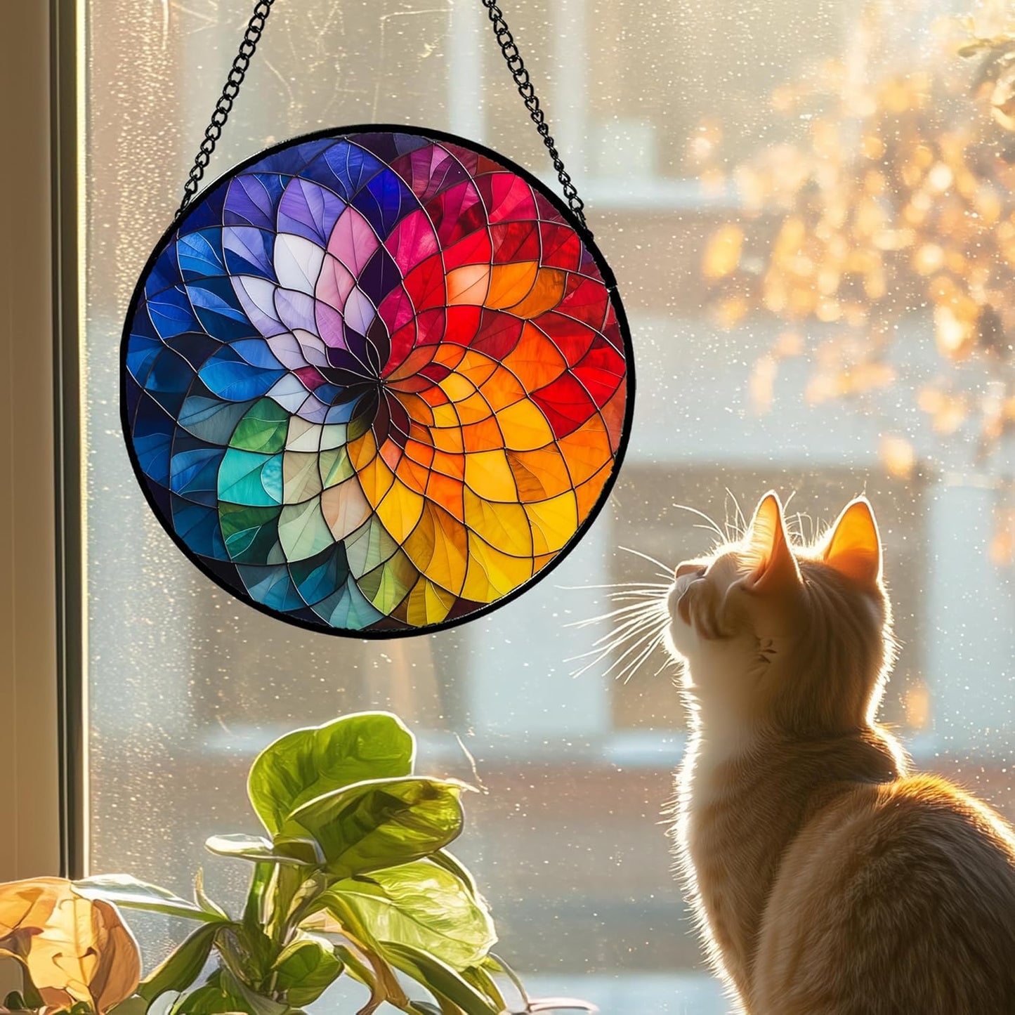 Stained Glass Window Hanging - Colorful Flowers Sun Catcher for Door Terrace Garden Home Decor, Abstract Gradient Suncatcher Birthday Gifts for Lovers Women Men Dad Mom Nana 7.8 in