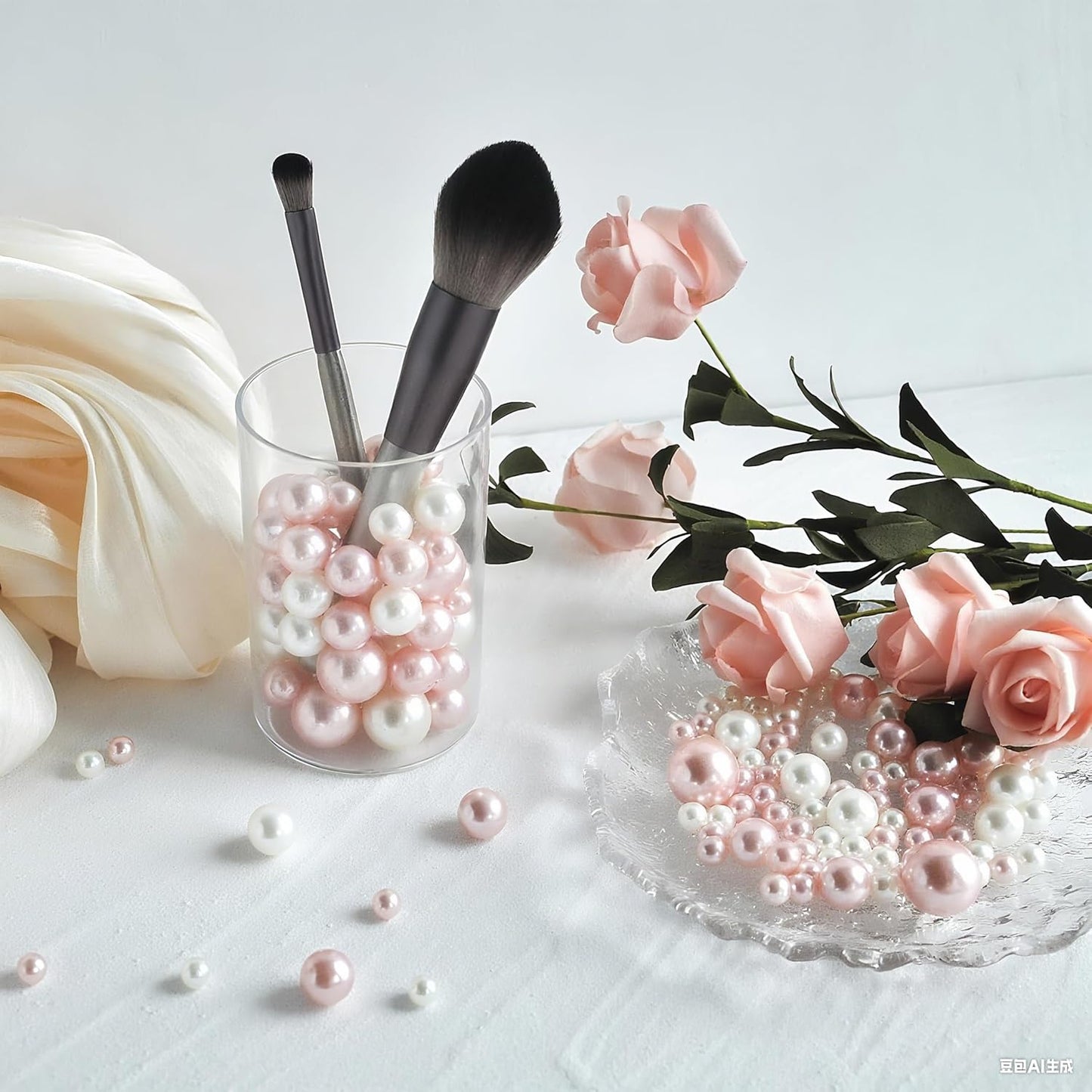 260Pcs White and Pink Glossy Beads for Centerpiece Decor, Artifical Pearls Vase Filler, No Hole Round Pearl Beads for Wedding Birthday Christmas Party Home Decor(18/14/6mm)