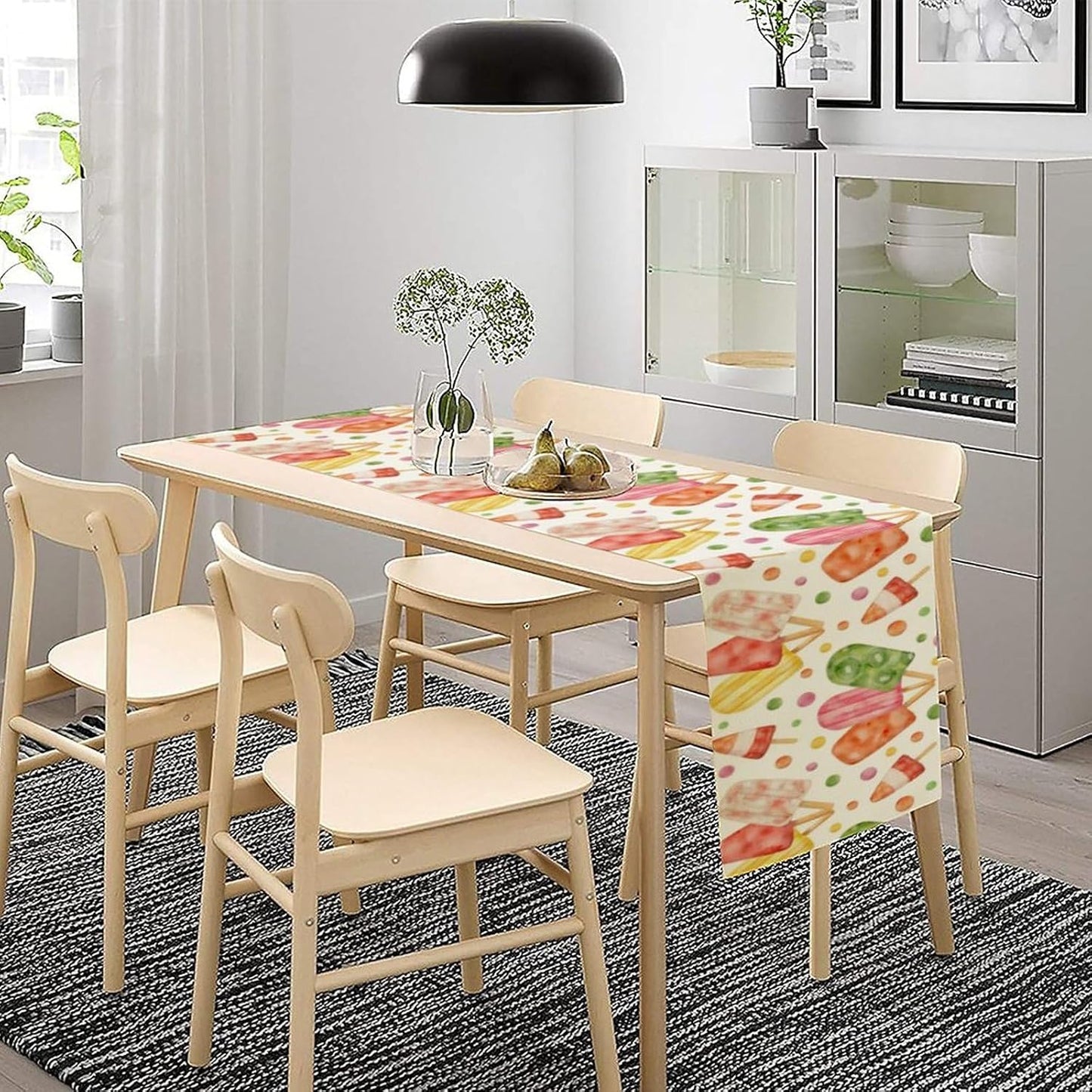 Summer Popsicles Table Runner, Watercolor Colorful Fruit Ice Cream Pops Berry Kiwi Cold Summer Sweet Seasonal Dinner Runner for Party Holiday Home Kitchen Dining Table Decor 13"x90"