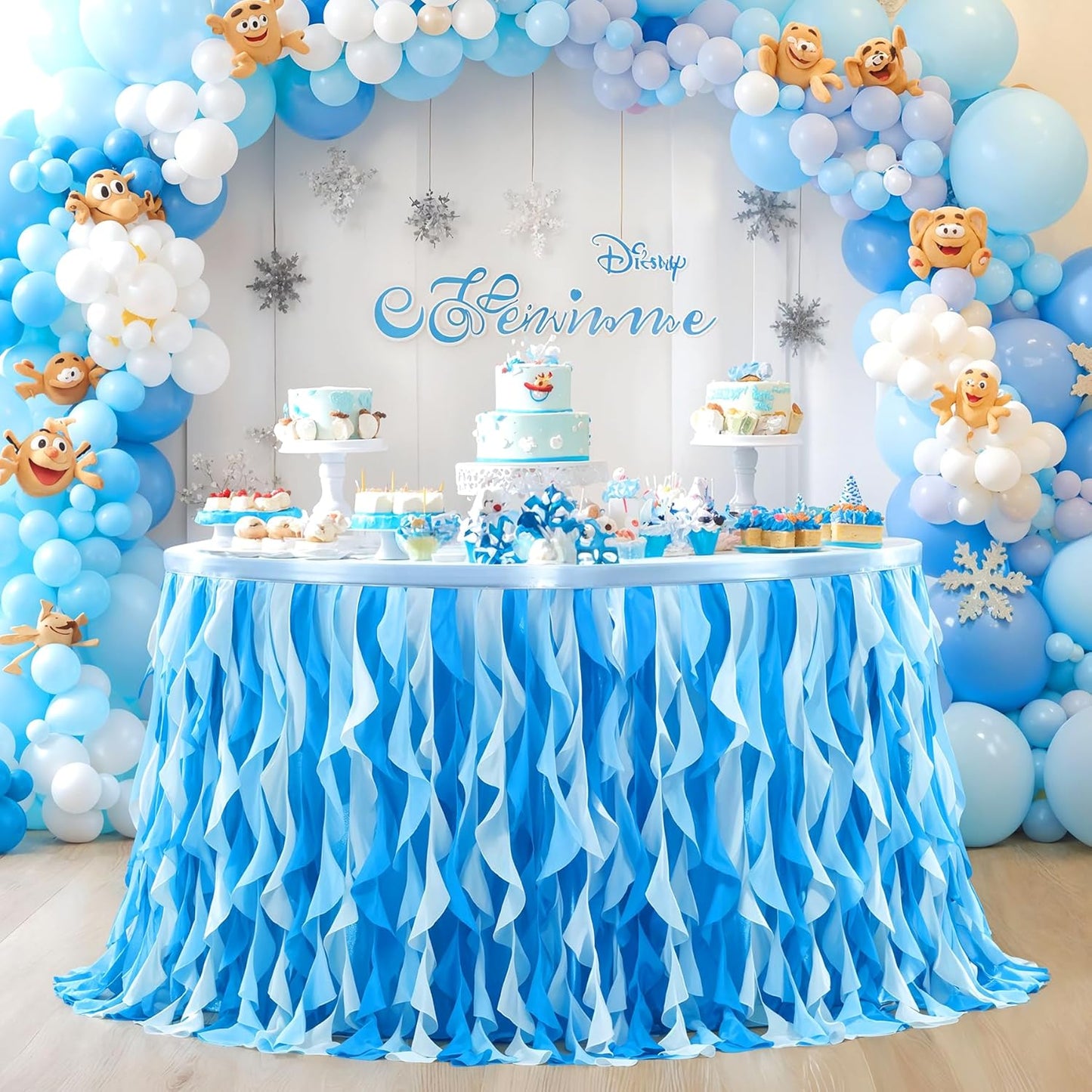 PARTISKY Ocean Blue Tulle Tutu Ruffle Curly Willow Table Skirt for Rectangle Table 6ft,Under The Sea Baby Shark Themed Table Cloth for Boys Girls Birthday Party or Baby Shower