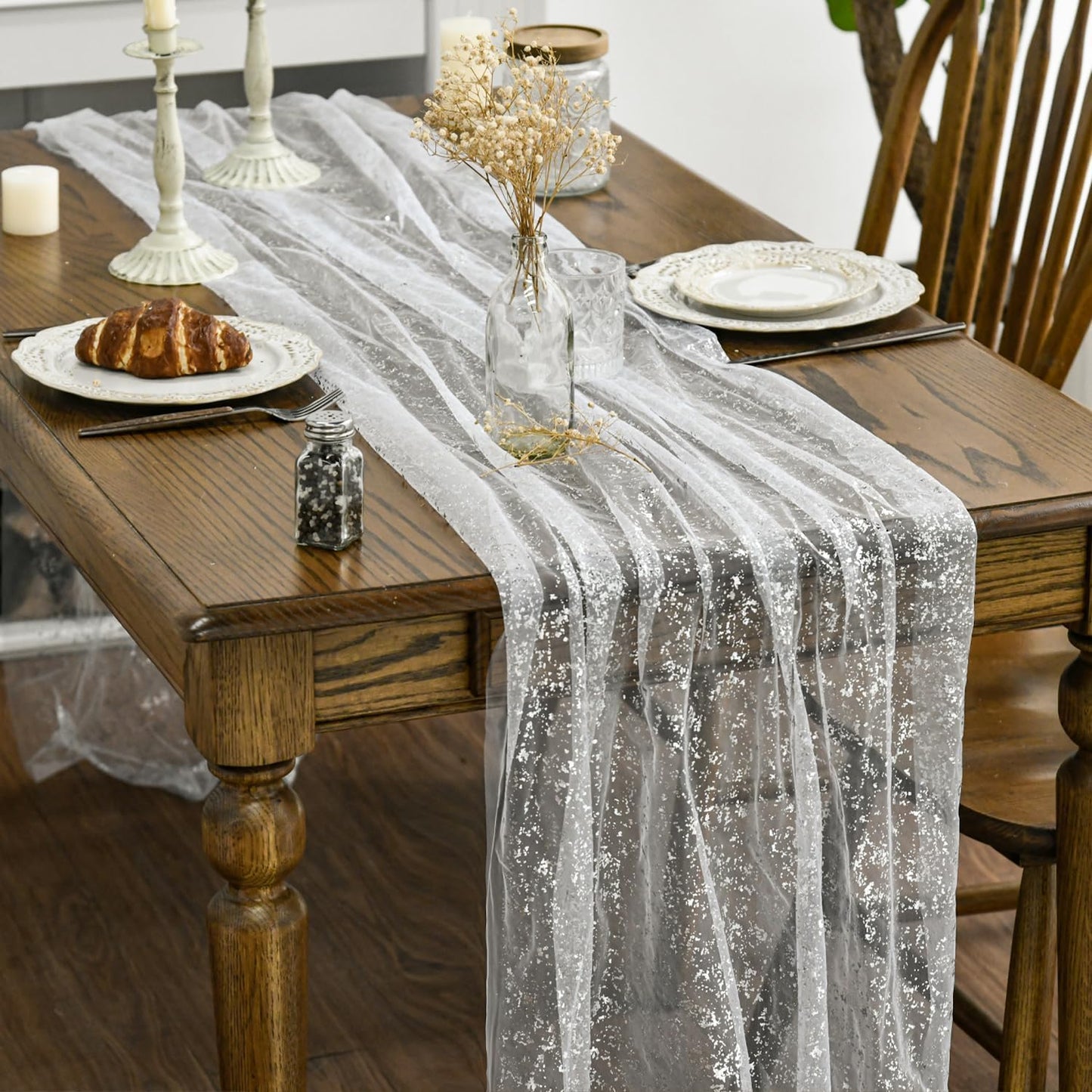 Artoid Mode 3Pcs White Silver Gauze Table Runner 120 Inch 10FT, Glitter Metallic Foil Sheer Dining Wedding Anniversary Holiday Birthday Table Decor for Home Party