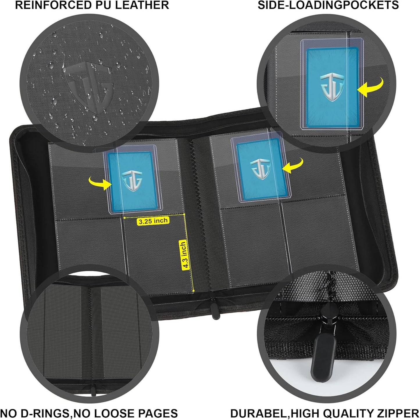 Toploader Binder,Holds 112 Toploaders, 4 Pocket Top Loader Binders for 3" x 4" Rigid Card Holders for Trading Cards or Sports Cards Binders (Black)