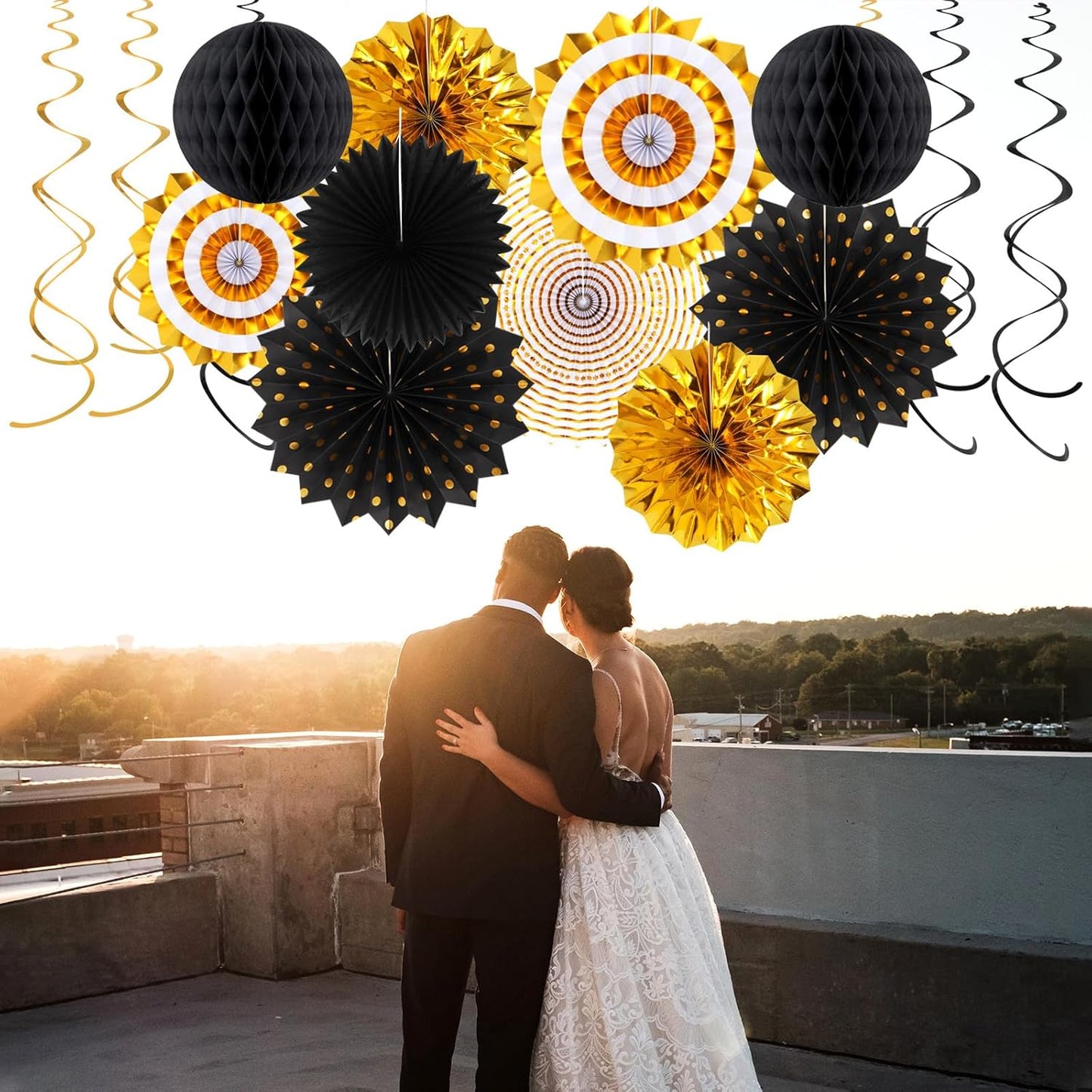 Black-Gold Graduation Party-Decorations - 33pcs Kits Banner, Streamers Tassel Garland,Tissue Pom Poms Honeycomb, Paper Lantern Fans,Wedding New Year Birthday Baby Shower Decor Hugtmr