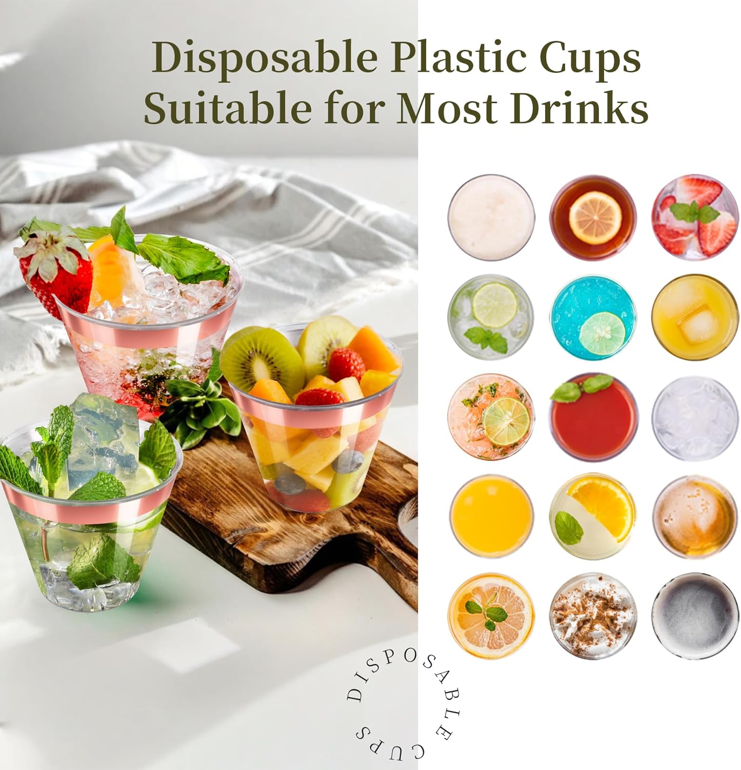 [200 Pack] 9oz Clear Plastic Cups with Rose Gold Rimmed Sturdy & Food Safe Disposable Wine Glasses Party Wedding Disposable Drinking Cups Plastic Cocktail Glasses for Wine, Juice & Cold Beverages
