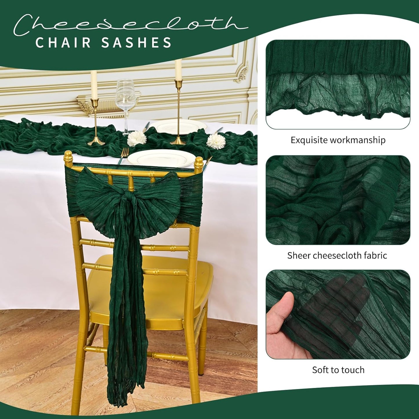 50 PCS Cheesecloth Chair Sashes, Bows Designed ChairSashes, 15.7x108 inch Chair Sashes for Aisle Decorations Universal Chairs Cover Decoration for Wedding Reception Party Banquet (Emerald Green)