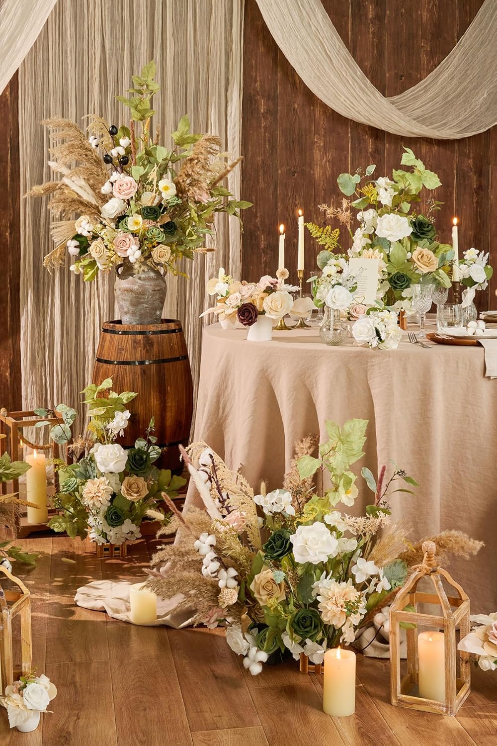 Ling's Moment 17.5" Tall Standing Artificial Flowers Arrangements 4pcs Fall Wedding Aisle Runner Chair Decorations Emerald & Tawny Beige Centerpieces for Ceremony Reception Rose Floral Party Outdoor