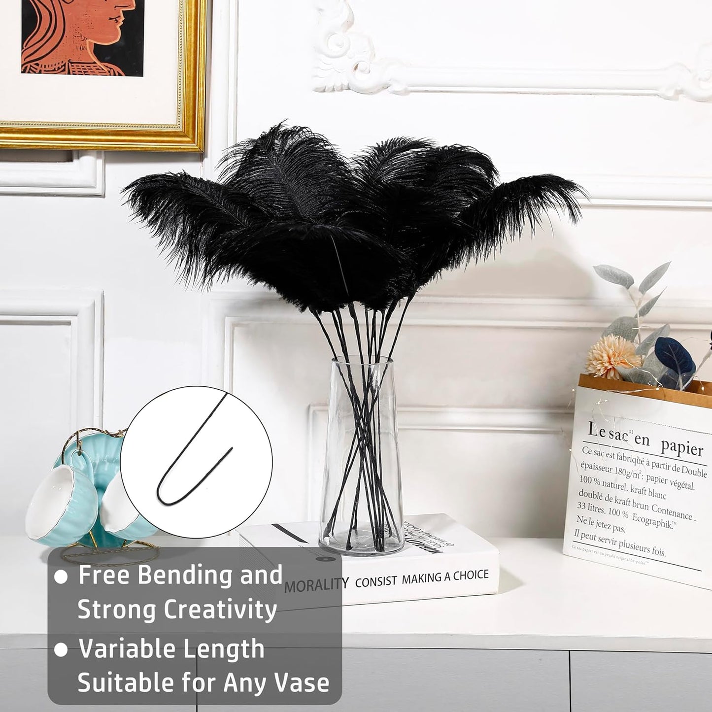 Holmgren Black Ostrich Feathers Bulk - 20pcs Making Kit 22 Inch Natural Ostrich Feathers for Vase, Floral Arrangement, Wedding Party Centerpieces and Halloween Home Decor (Black)