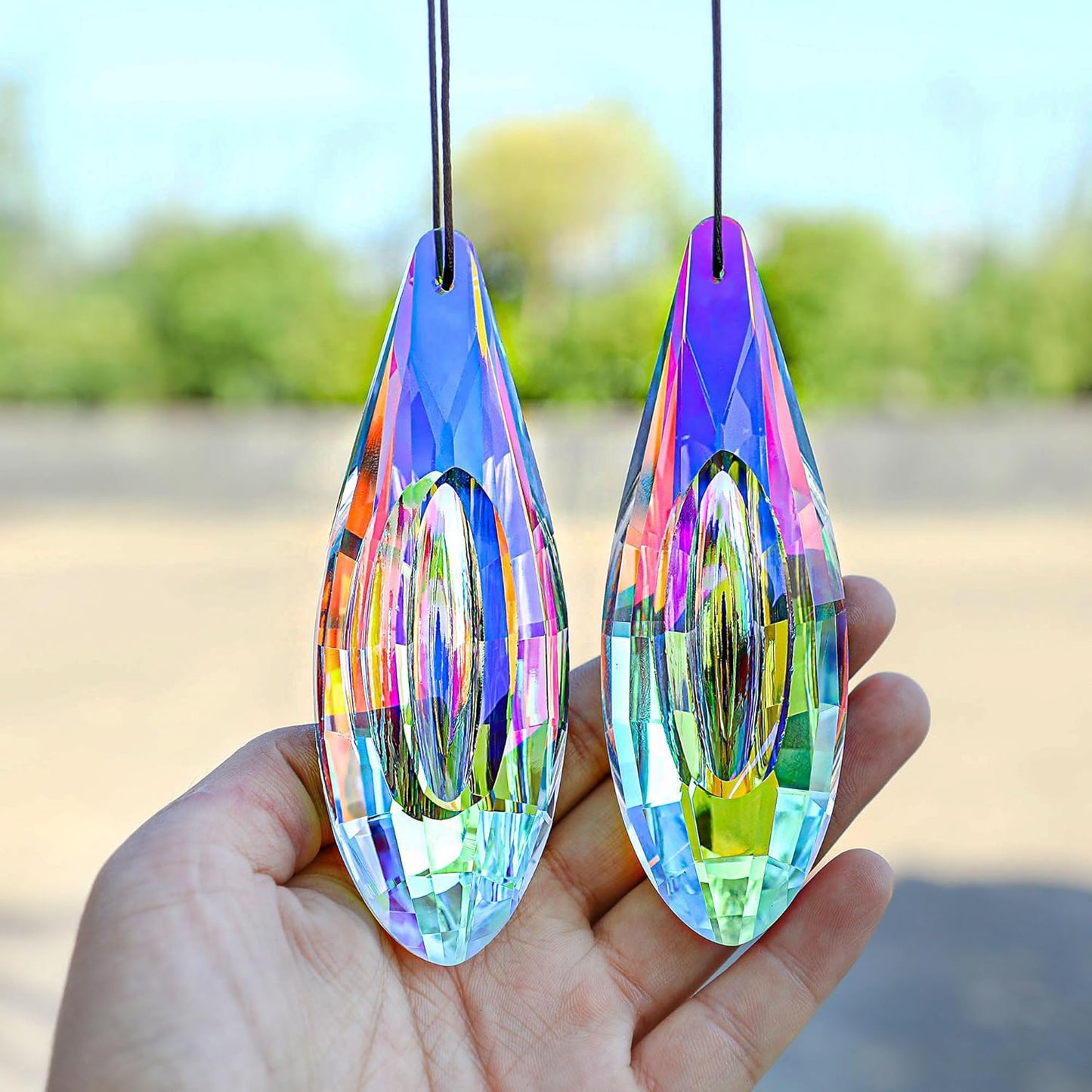 HDCRYSTALGIFTS 2pcs 120mm/5'' Large Crystal Prisms Suncatcher for Window Hanging, AB Crystals Sun Catcher Indoor Window, Rainbow Maker Crystal Stick Prisms for Balcony,Kitchen,Garden Decoration