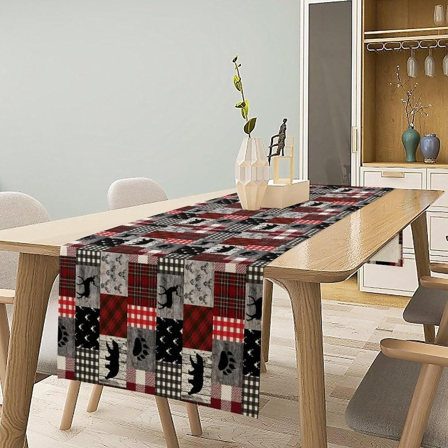 Rustic Farm Table Runner,Vintage Woodland Deer Bear Animal Buffalo Plaid Print Tablecloth Burlap for Hotel Indoors Outdoor Dining Room Kitchen Home Decor,W13X L80 in