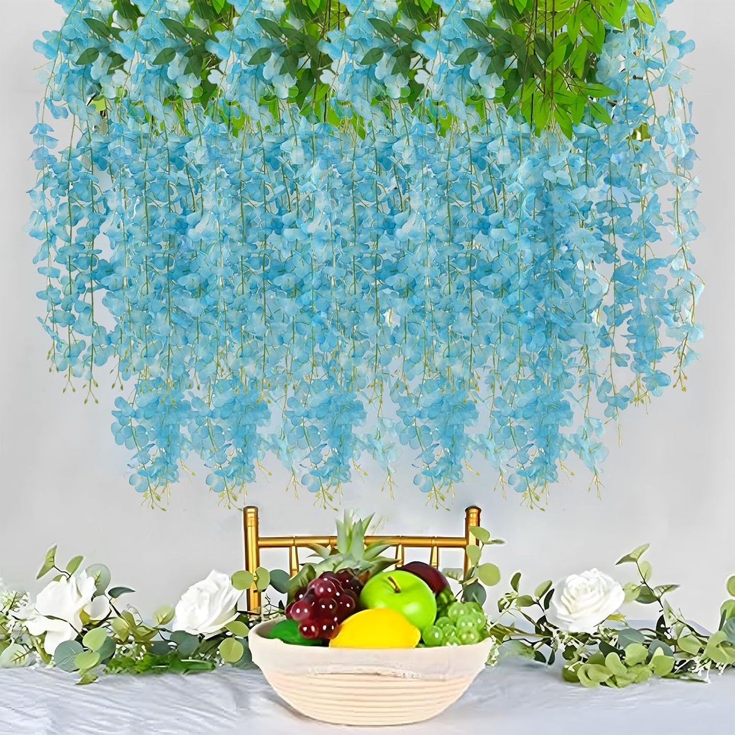 12 Pack Lake Blue Wisteria Hanging Flowers Garland, 3.77 Feet Artificial Flower Vines, Fake Wisteria, Artificial Vines Hanging Garland for Backdrop Outdoor Yard Garden Decor