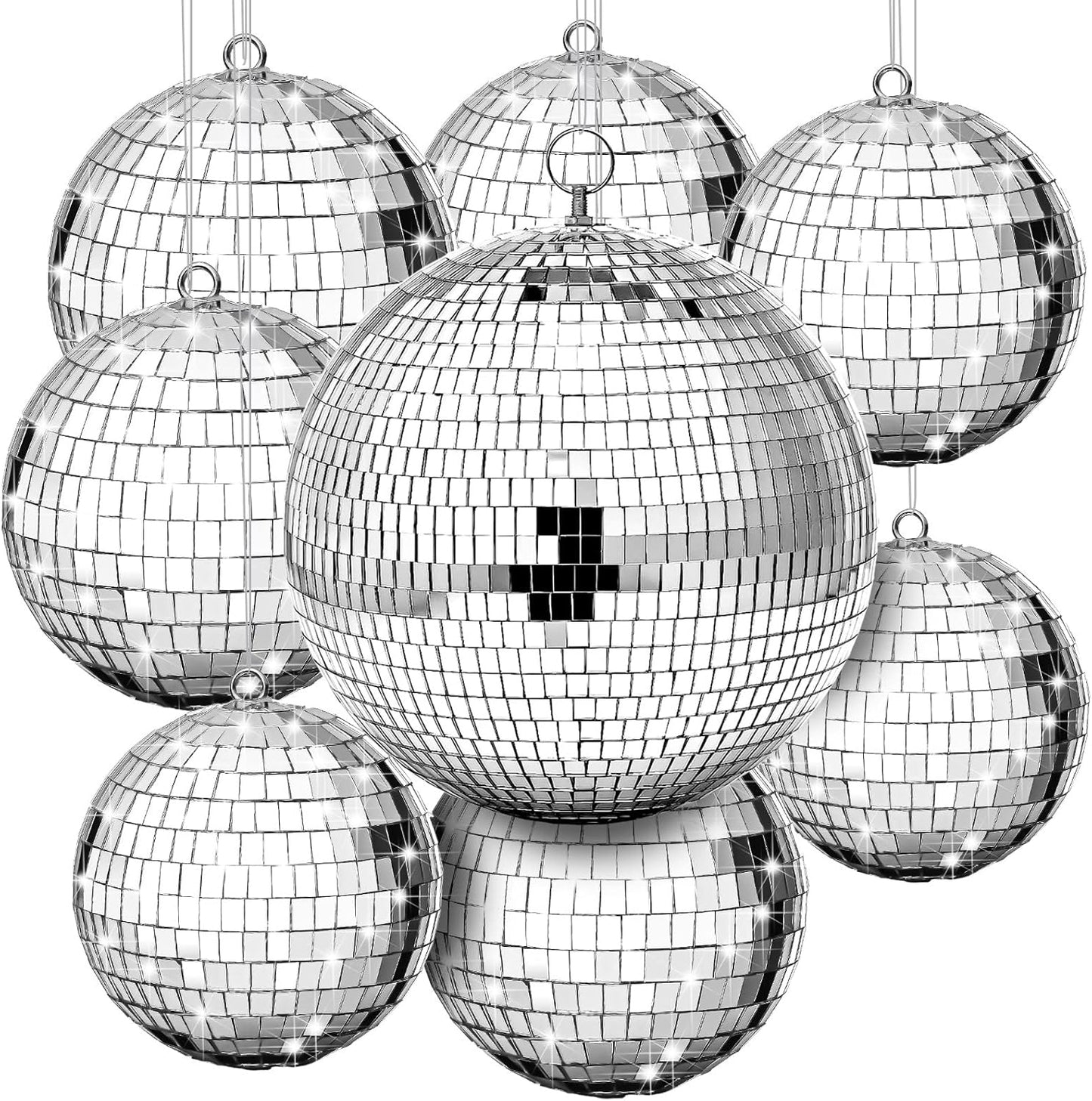 Haull 8 Pcs Large Disco Ball Set Silver Mirror Disco Reflective Ball with Hanging Ring Party Ornament Decoration for Stage Club Ballroom Dance Hall Wedding Prom Props(8'', 6'', 4'')