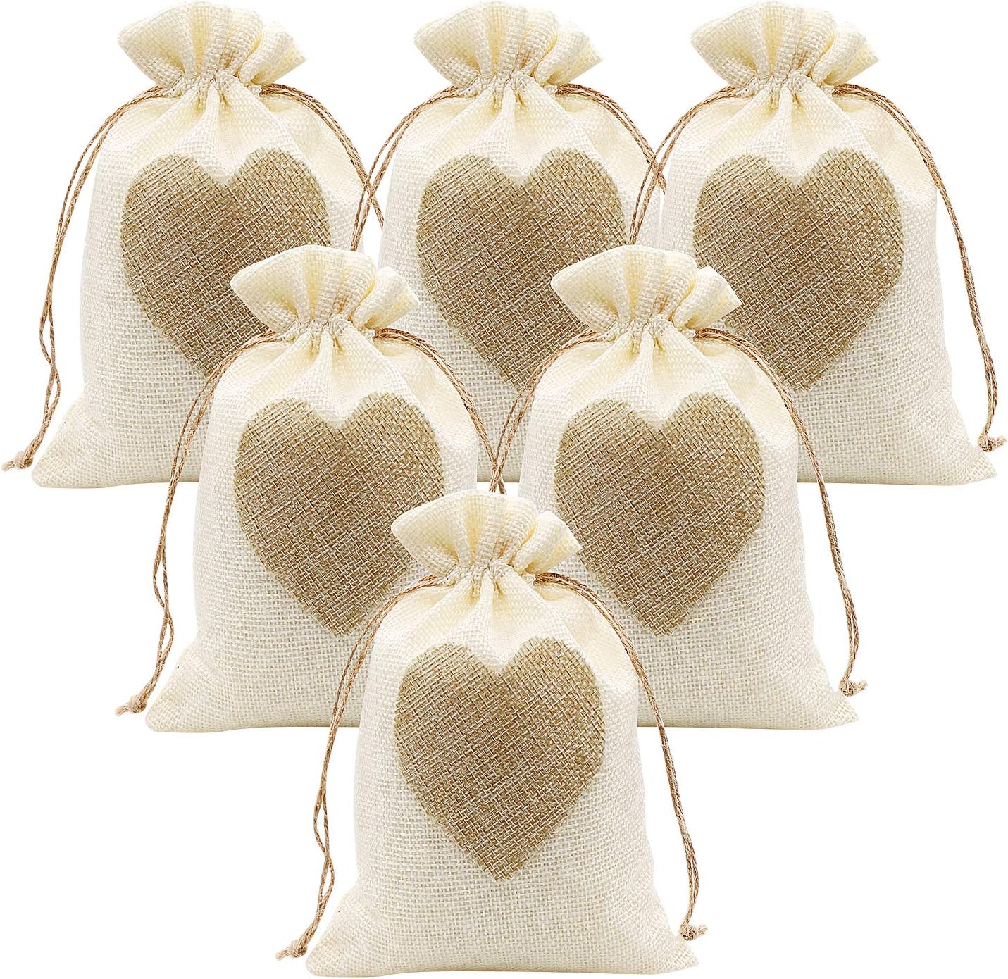 SumDirect Heart Burlap Bags with Drawstring - 36Pcs 5x7Inch Beige Small Linen Gift Pouch for Wedding, Baby shower Favor Gift Bags