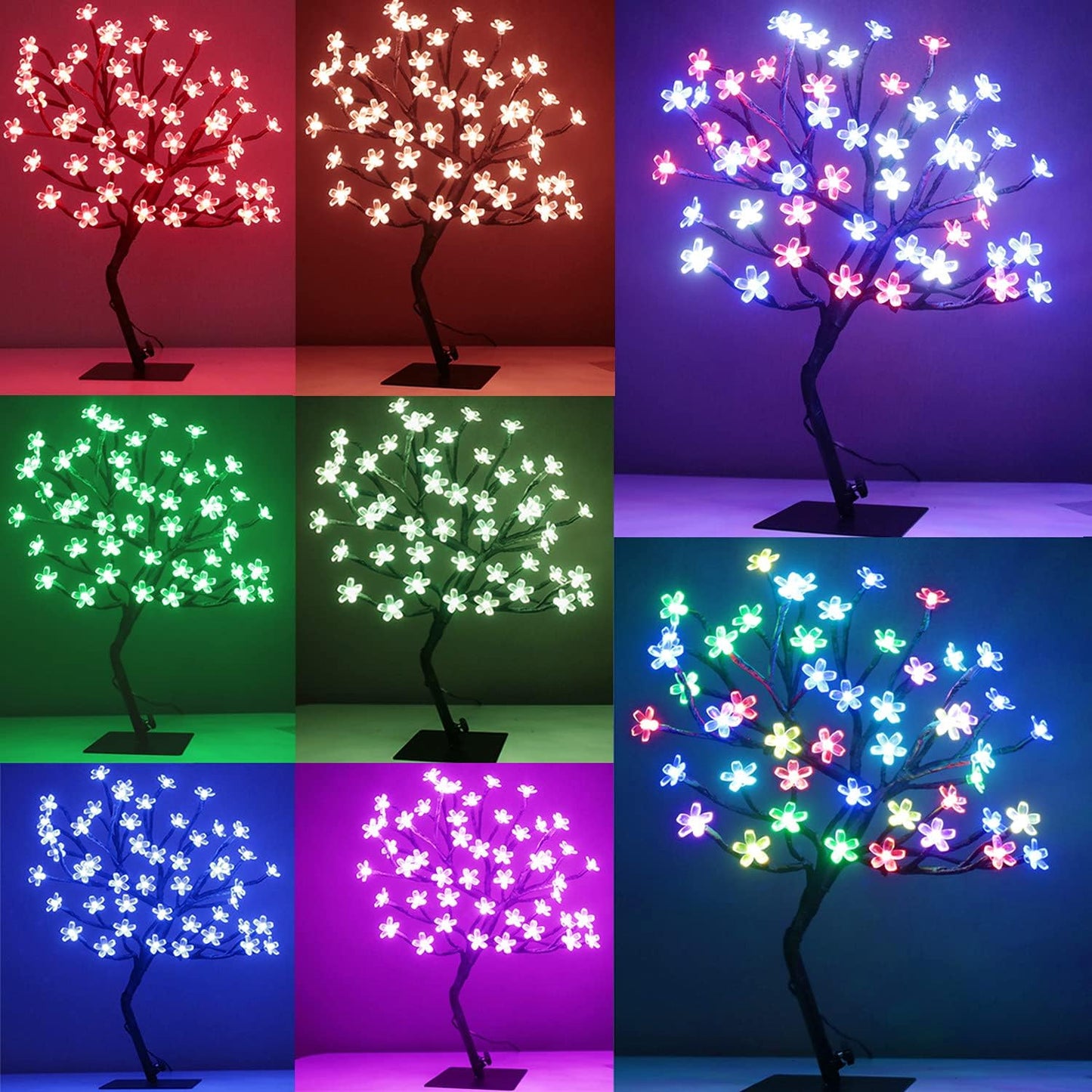 Pooqla 18 Inch 48 LED RGB Cherry Blossom Tree Light with Remote 16 Color-Changing LED Artificial Flower Bonsai Tree Table Top Lamp Home Lit Tree Centerpieces Christmas Decor