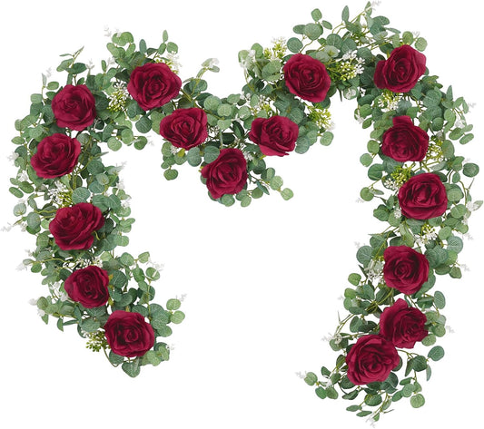 Dolicer 2Pcs 13Ft Artificial Eucalyptus Garlands with Flowers - 8 Roses, Faux Floral Greenery Garlands Fake Flowers Vines for Wedding Table Centerpieces Arch Party Ceremony Backdrop Decor (Red)
