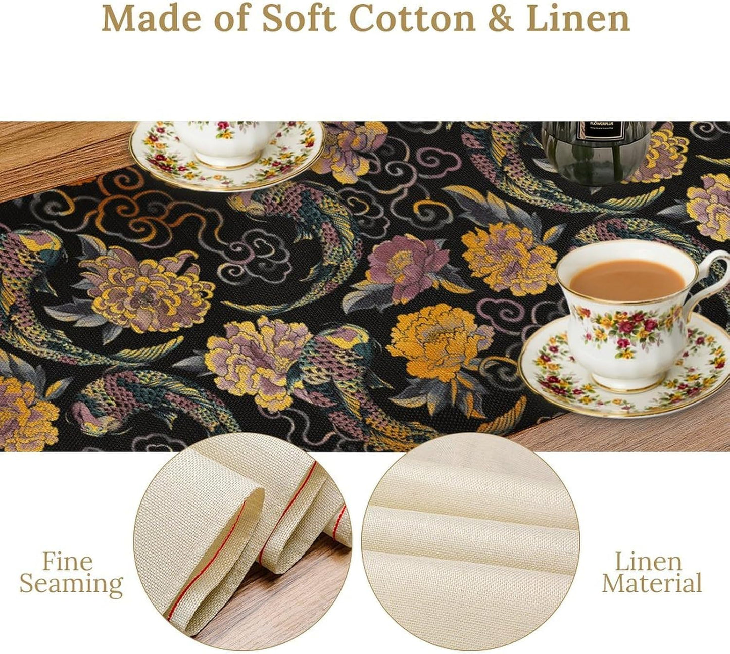 Japanese Table Runner Retro Flowers Oriental Tradition Kio Fish Art Printed Burlap Runner Home Kitchen Dining Table Living Room Decor Fabric 1 Panel W13xL60in