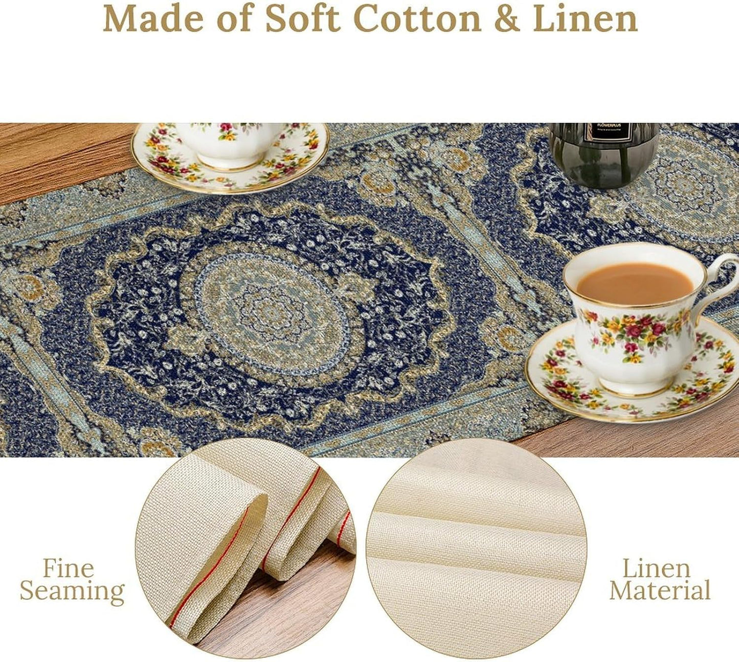 Boho Bohemia Style Blue Teal Table Runner, Country Rustic Farmhouse Magical Abstract Print Pattern for Home Kitchen Table Decor Dining Coffee Room Garden Party Decor 13x60in