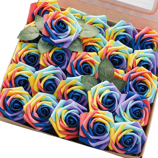 Floroom Artificial Flowers 25pcs Real Looking Whimsical Blue Foam Fake Roses with Stems for DIY Wedding Bouquets Baby Shower Centerpieces Floral Arrangements Party Tables Home Decorations