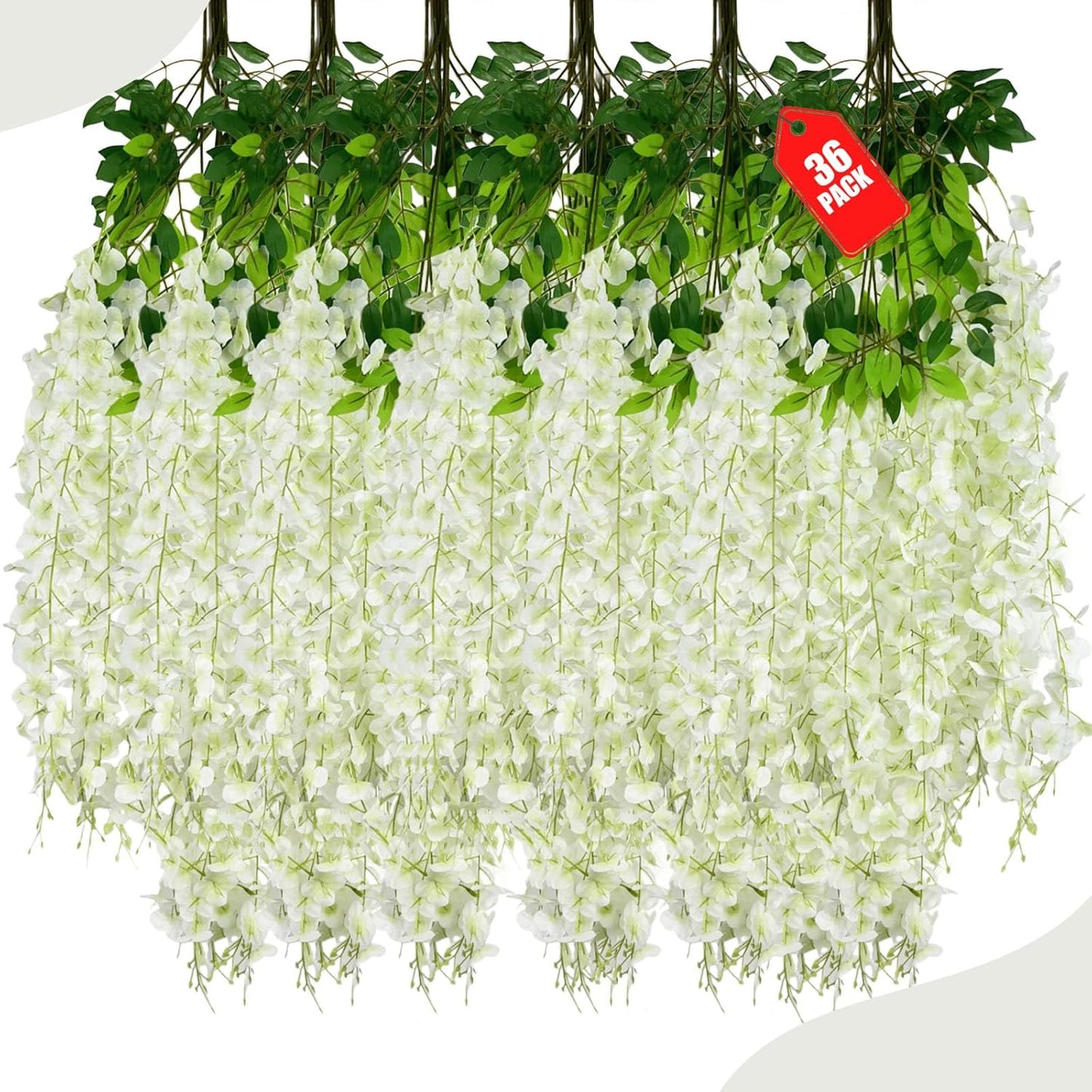 36 Pack Green White Wisteria Hanging Flowers, 3.44 Ft Fake Hanging Flowers, Artificial Wisteria Garland Vines for Wedding Room Backdrop Outdoor Patio Garden Decoration