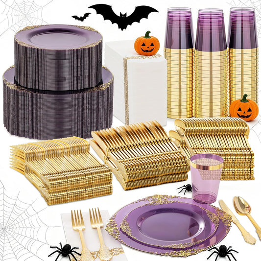 Nervure 350PCS Purple Plastic Plates - Purple Plastic Dinnerware Sets for 50 Guests - 100 Disposable Plates, 150 Gold Silverware, 50 Cups, 50 Napkins for Wedding & Party