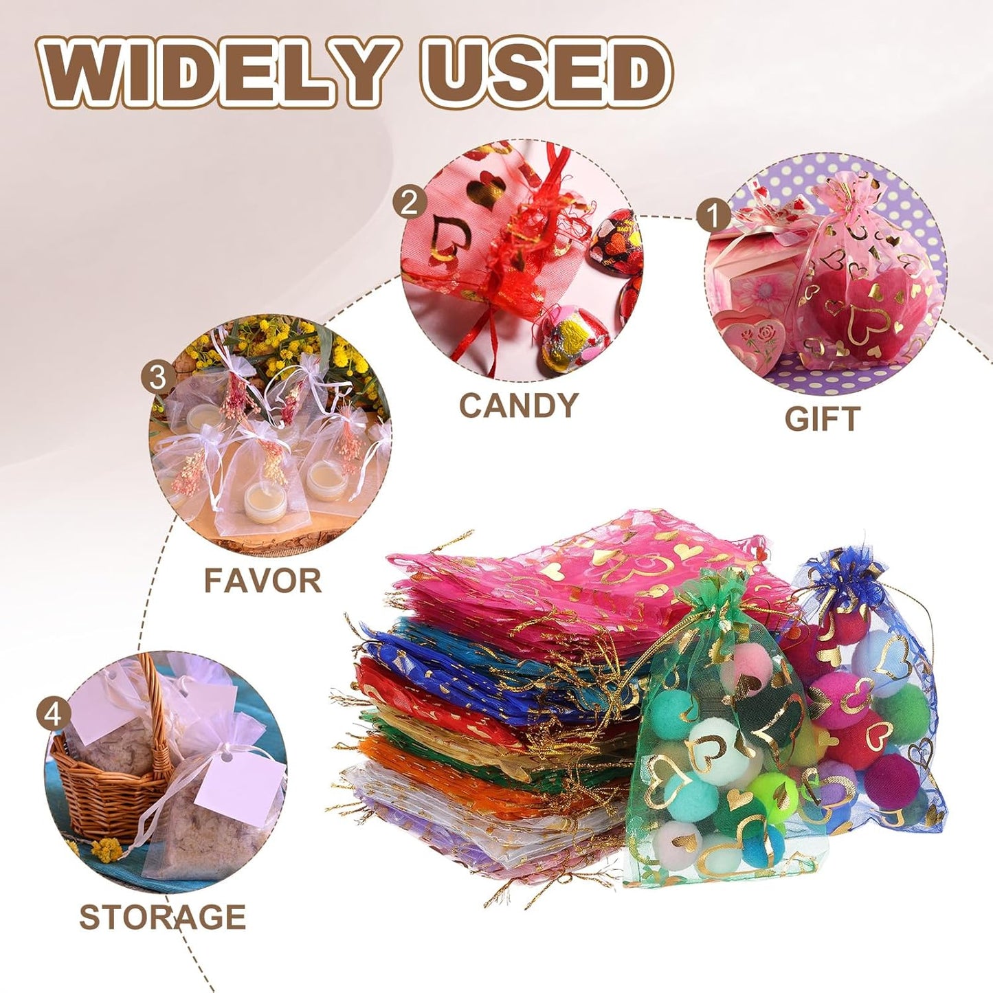 PATIKIL 100 Pcs 4x6 Inch Heart Printed Organza Bags, Orange Sheer Heart Organza Bags with Drawstring for Christmas Candy Jewelry Party Wedding Favor Gift