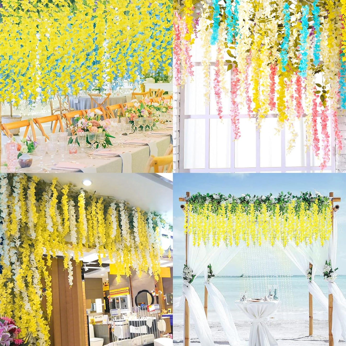 Wisteria Hanging Flowers 12 Pack Wisteria Artificial Flowers Fake Silk Flowers String Vine Ratta Hanging Garland for Home Garden Party Wedding Backdrop Arch Decor (Yellow)