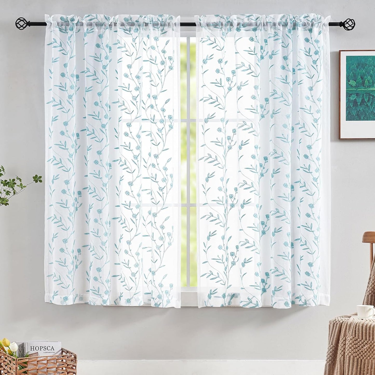Sheer Curtains White-Blue Embroidery 63 Inch Length Rod Pocket Voile Drapes for Living room, Bedroom, Window Treatments Semi Flower Pattern Curtain Panels for Yard, Farmhouse, Set of 2, 52"x 63".
