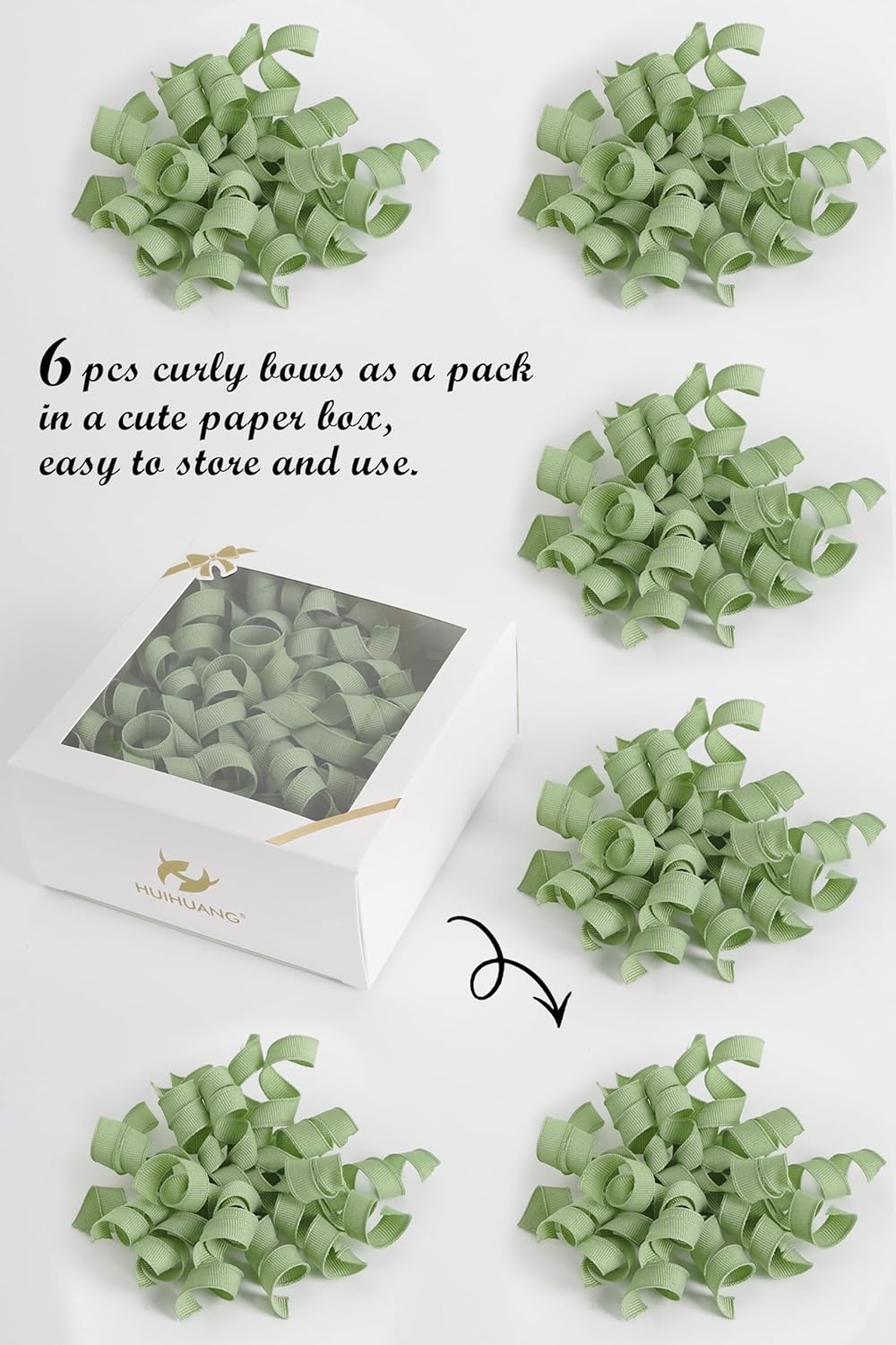 HUIHUANG Sage Green Bows for Gift Wrapping, Sage Curly Ribbon Bows Self Adhesive Burst Gift Bow for Presents, Wine Bottle, Treat Bags, Wrap Accessories, Bridal Shower Wedding Party Favor - 6 Counts