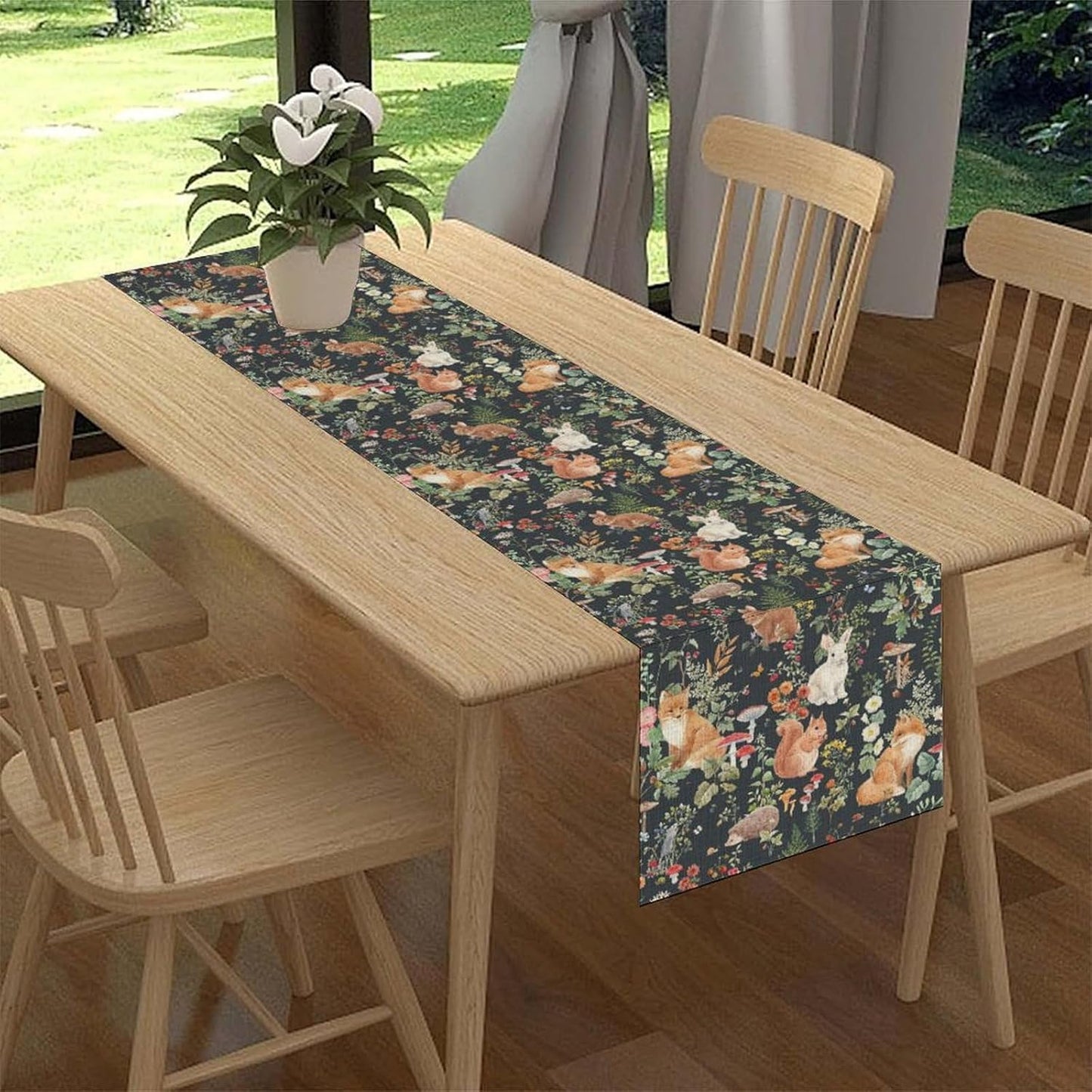 Rustic Woodland Table Runner, Farmhouse Forest Animals Mushroom Country Lodge Wild Fox Rabbits Table Center Decor for Home Kitchen Dining Patio Holiday Party Indoor Table Decorations, 13"x36" Inch