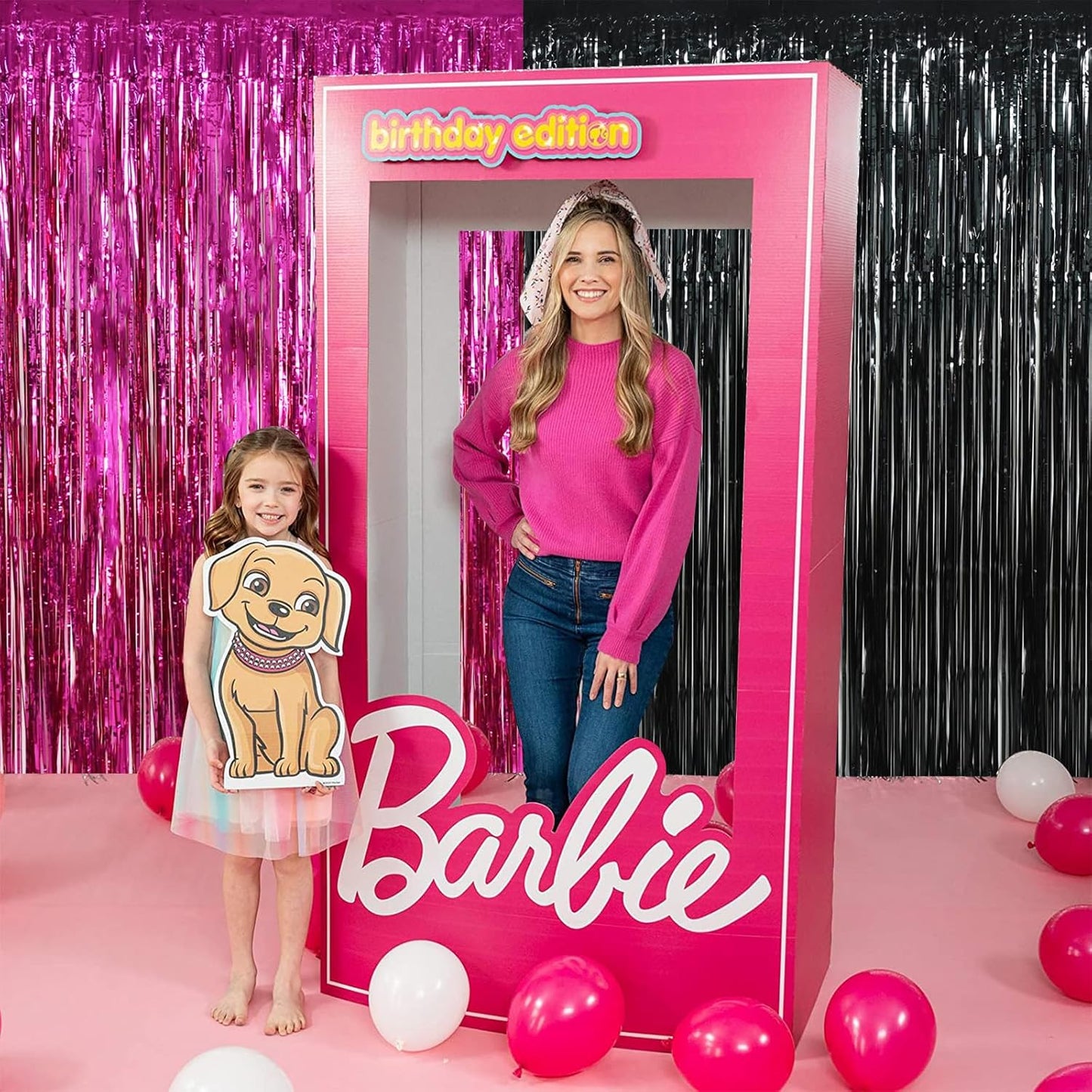 BEISHIDA 4 Pcs Hot Pink Black Door Streamers Curtain Party Streamers Backdrop Pink Party Hot Pink Wall Background for Party Decoration Photo Booth Props(3.28 ft x 6.56 ft)