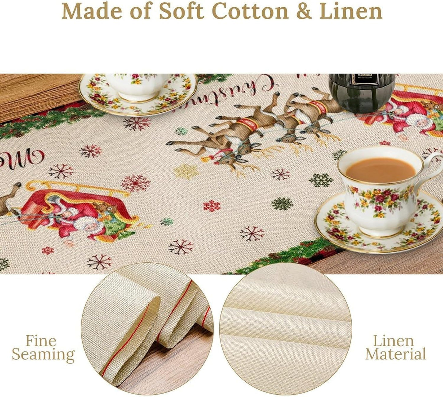 Christmas Table Runner,Xmas Deer Cute Santa Claus Red Plaid Pattern Printed Tablecloth Burlap for Hotel Indoors Outdoor Dining Room Kitchen Home Decor,W13X L70 in