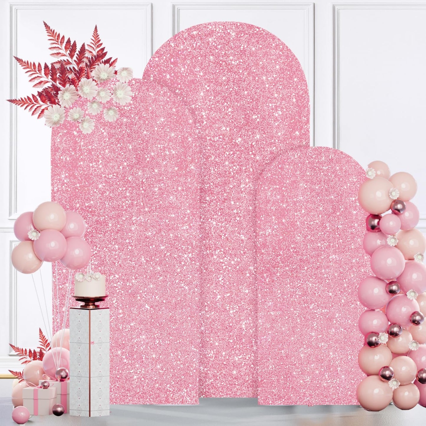 MODFUNS Metal Arch Backdrop Stand and Cover Set 4&5&6ft Pink Gold Sequins Arch Backdrop Cover Double Sided Arch Frame with Covers Gold Arch Stand and Covers for Banquet Reception Birthday Decor