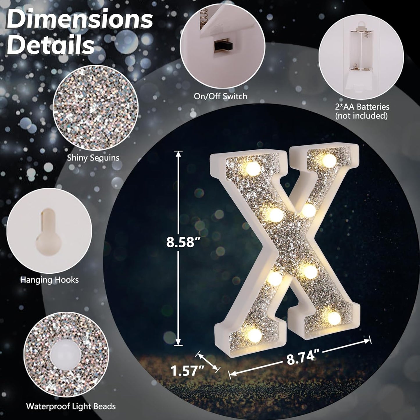 Marquee Light Up Letters, Glitter Silver LED Letter Lights Battery Powered Alphabet Letter Sign for Night Light Wedding Birthday Party Cafe Bar Decoration Girls Room Decor - X