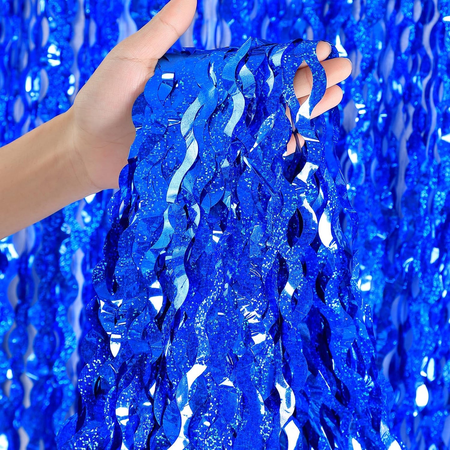 4 Pack Navy Blue Wavy Foil Fringe Curtains Party Decorations - 3.3 ft x 6.6 ft Streamer Tinsel Curtain Party Photo Backdrops for Birthday Party