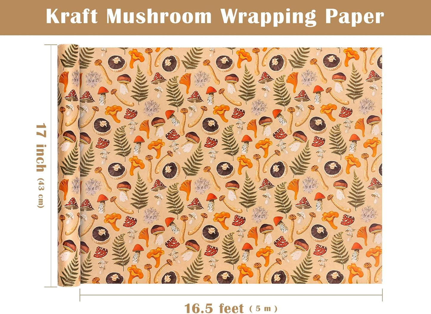 WRAPAHOLIC Kraft Mushroom Wrapping Paper Roll - Mini Roll - 17 Inch x 16.5 Feet - Mushroom Gift Wrapping Paper for Birthday, Baby Shower, Autumn