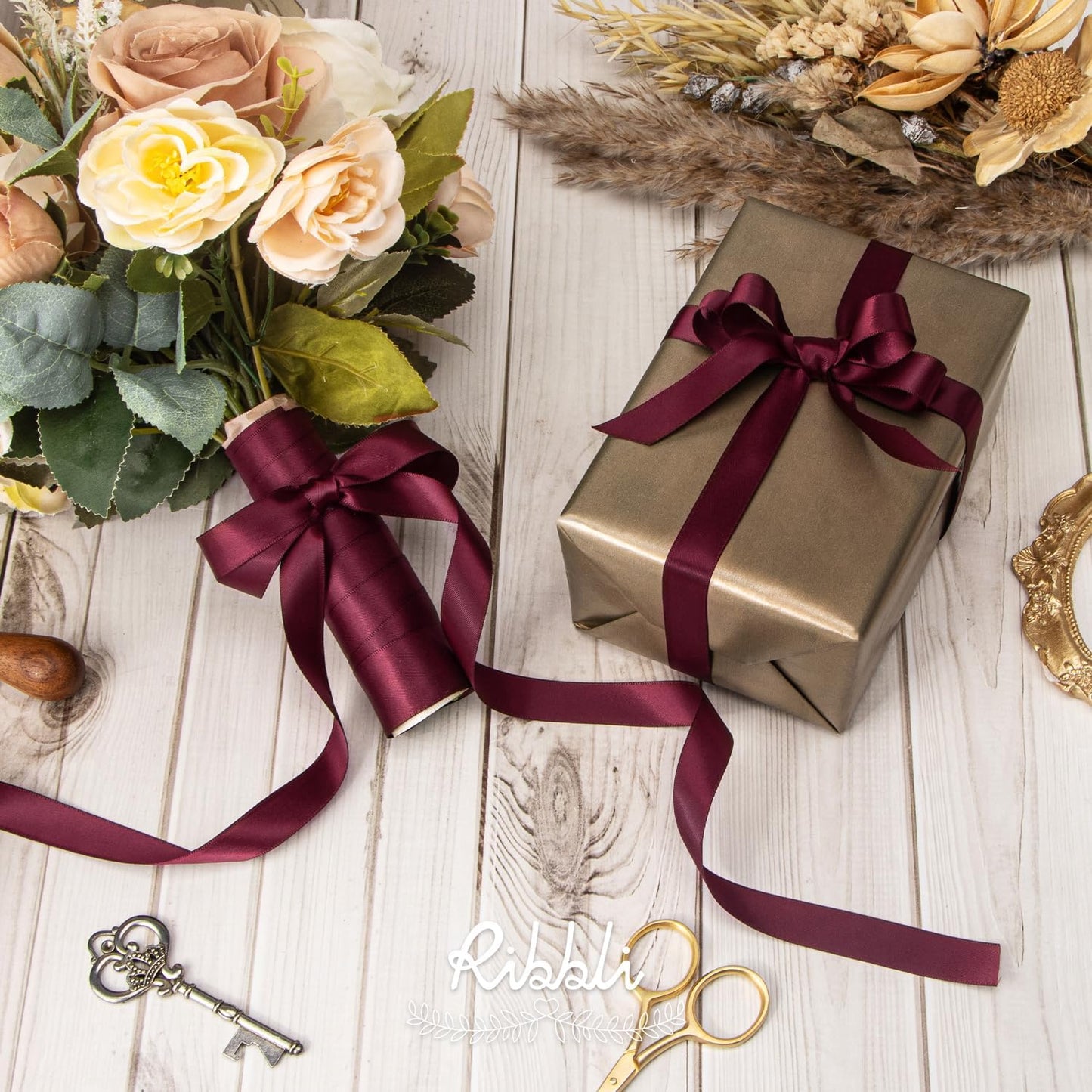 Ribbli Burgundy Satin Ribbon 5/8 inch x Continuous 25 Yards,Double Faced Satin Use for Craft, Gift Wrapping, Christmas Ornaments, Hair Bows, Bouquet Bows