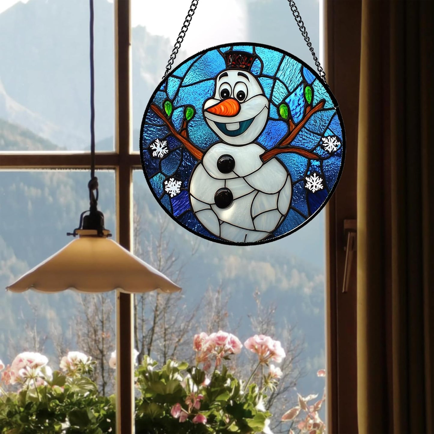 Stained Glass Window Hanging Christmas Funny Snowman 11.8" - Suncatcher Door Garden Blue White Snowflakes Sun Catcher New Year Birthday for Friend Mom Men Woman Nana