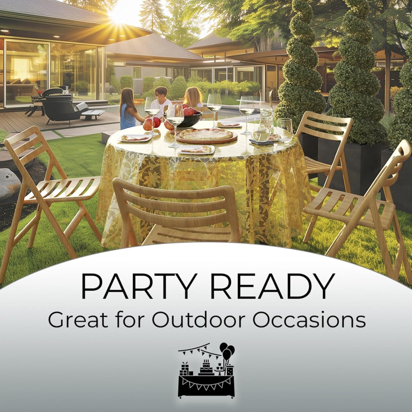 Exquisite Lace Table Cloth Round Table Plastic 12-Pack Lace Tablecloth Round 84" | Clear & Gold Floral Tablecloth Disposable | Wild Flower Party Decorations & Party Supplies