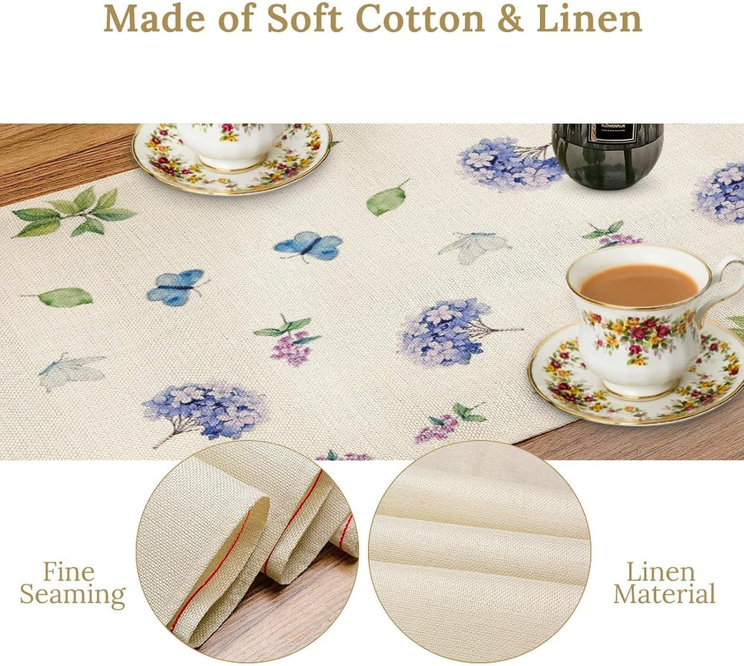 Spring Hydrangea Flower Table Runner, Seasonal Summer Plants Watercolor Florals Butterfly Dinner Runner for Home Kitchen Dining Table Party Holiday Decoration 13"x36"