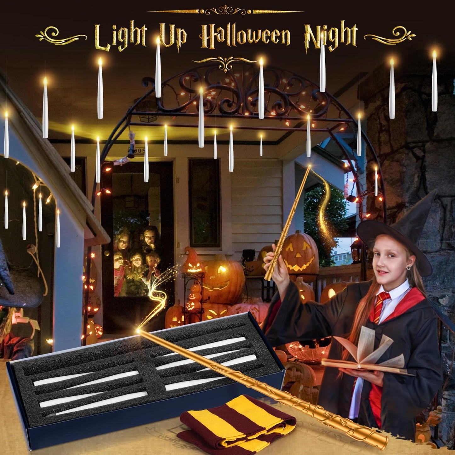 Halloween Floating Candles 18 Pcs - Magical Flameless Candles with Wand Flickering Warm Lights Ideal for Indoor Window Bedroom Halloween Cosplay Birthday Theme Party Decor