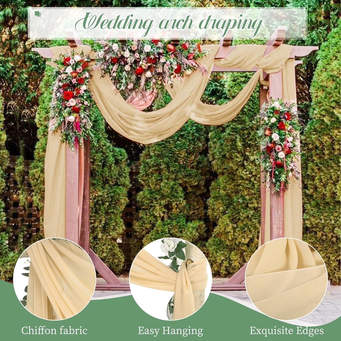 Wedding Arch Draping Fabric, 8 Panels 28" x 20ft Champagne Sheer Chiffon Curtain Drapes for Wedding Ceremony Reception Party Decoration