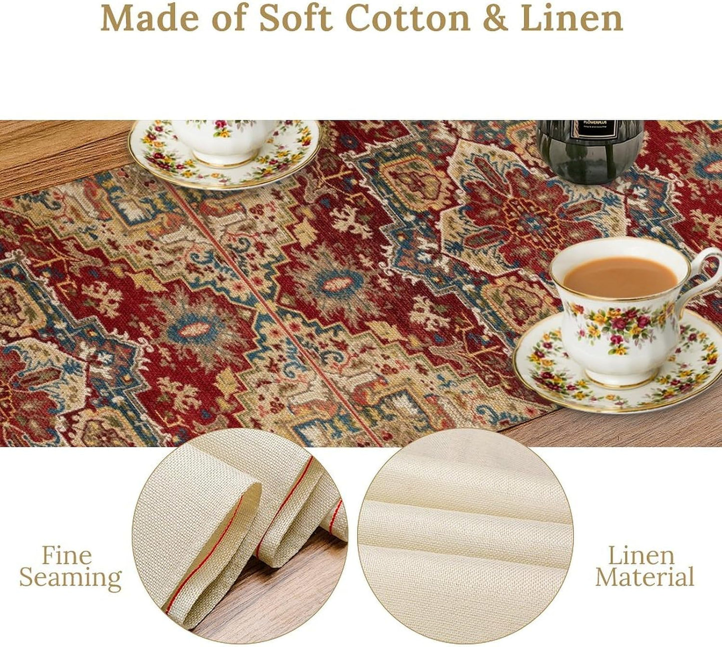 Boho Bohemia Style Table Runner, Vintage Red Brown Retro Flower Rustic Country Style Floral Print Pattern for Home Kitchen Table Decor Dining Coffee Room Garden Party Decor 13x60in