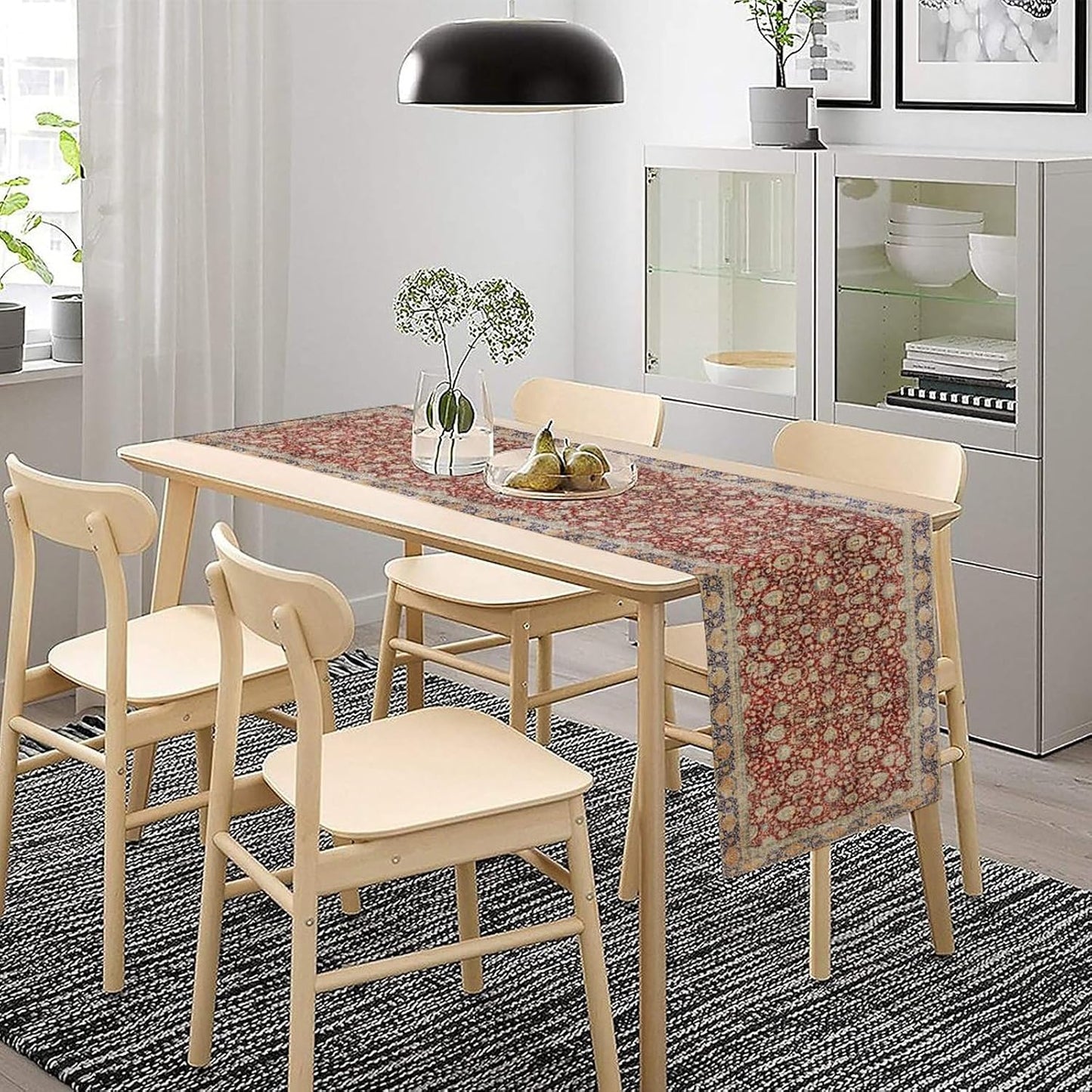 Boho Bohemia Style Table Runner, Vintage Red Blue Retro Flower Rustic Country Style Floral Print Pattern for Home Kitchen Table Decor Dining Coffee Room Garden Party Decor 13x120in