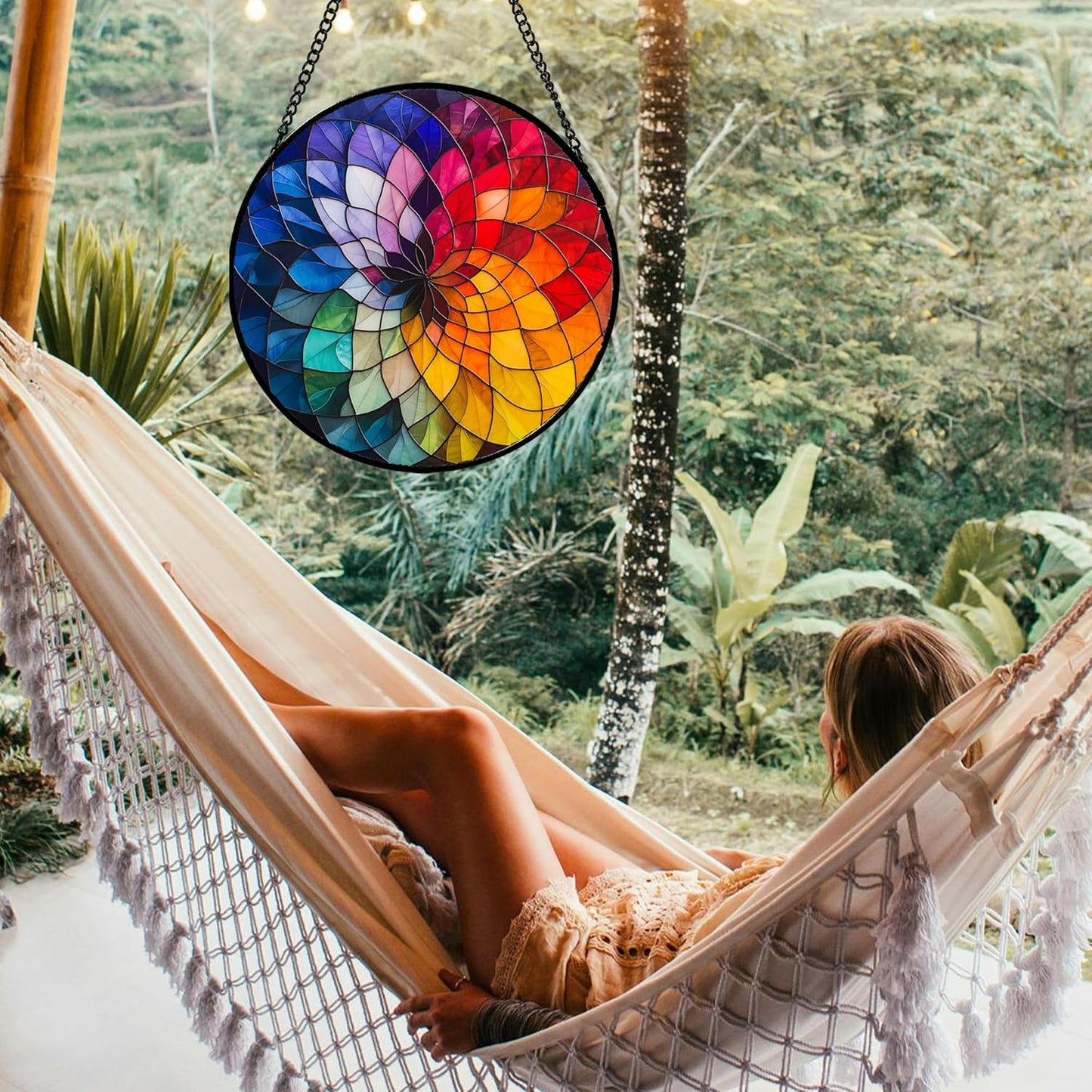 Stained Glass Window Hanging - Colorful Flowers Sun Catcher for Door Terrace Garden Home Decor, Abstract Gradient Suncatcher Birthday Gifts for Lovers Women Men Dad Mom Nana 11.8 in