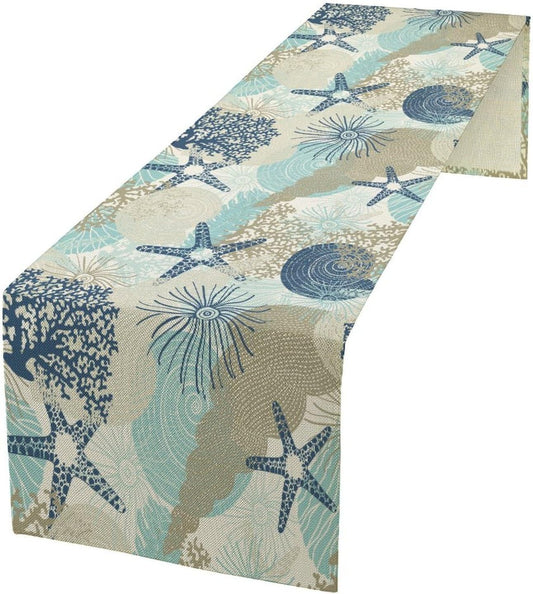Nautical Coastal Table Runner，Ocean Themed Starfish Coral Conch Beach Kitchen Dinning Table Decoration for Indoor Outdoor Home Party Decor 13x36 Inch